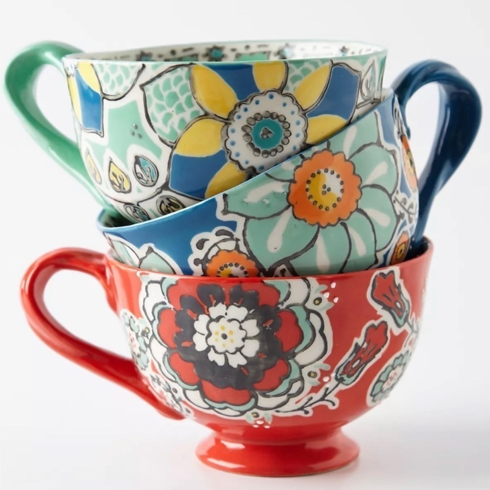 Anthropologie Elka Twisted Handle Red Floral Footed Coffee Tea Pedestal Mug Cup - Picture 2 of 8